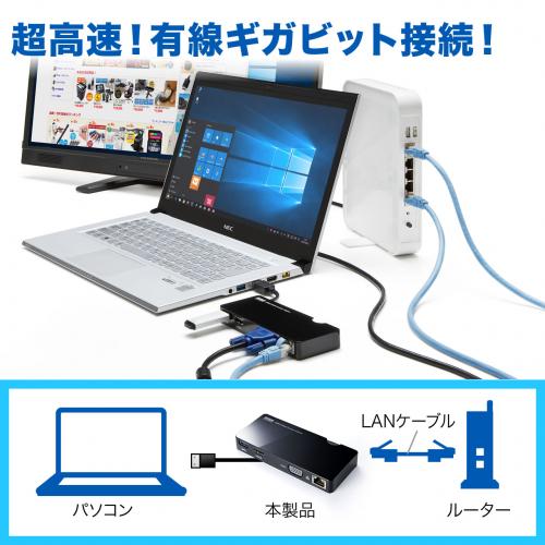USB3.0対応変換アダプタ(ディスプレイ接続・HDMI/VGA・USBハブ/1ポート・ギガビット対応/有線LAN・Windows専用)