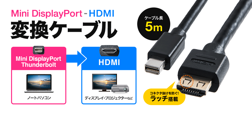 Mini Displayport Hdmi変換ケーブル 5m 4k 60hz対応 アクティブタイプ Thunderbolt変換 4k出力可能 Surface Pro 4対応 ラッチ内蔵 Yk Kc0 5 500 Kc0 5 ケーブルのネット通販専門店 ケーブル市場
