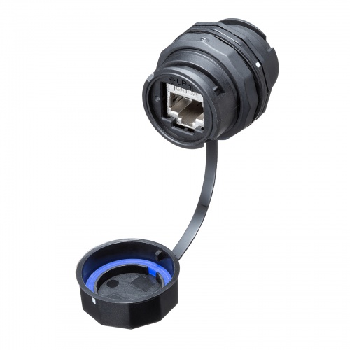 パネルマウント対応 RJ-45中継アダプタ CAT6A STP 防水防塵 IP68 PoE/PoE+/PoE++対応