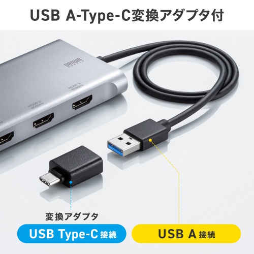 USB-HDMIディスプレイアダプタ 4K/60Hz対応 3画面出力 USB-A/Type-C両対応 変換アダプタ