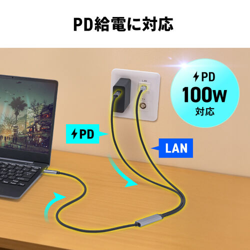 【アウトレット】USB Type-C LAN変換ケーブル 2m カテゴリ6 USB PD 100W対応 メッシュケーブル