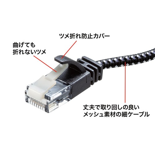 つめ折れ防止カテゴリ6A細径メッシュLANケーブル(ブラック&ホワイト