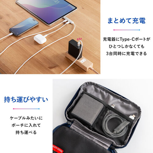USBハブ付き USB Type-Cケーブル 1m USB-C×2 USB 5Gbps USB PD 100W対応 シルバー