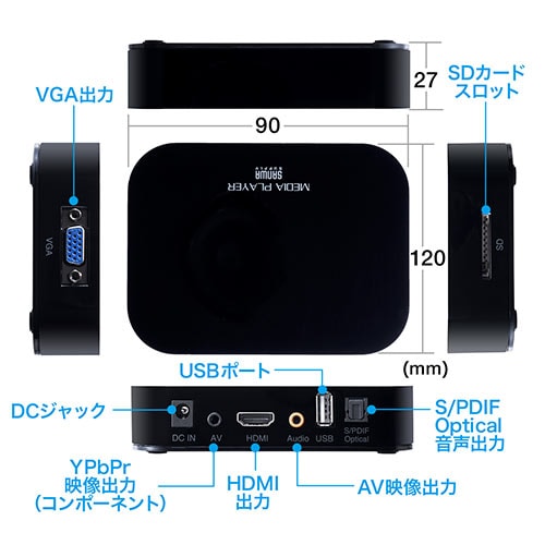 メディアプレーヤー(SDカード/USBメモリ対応・動画/音楽/写真再生・HDMI/VGA/コンポジット/コンポーネント出力対応・テレビ再生)