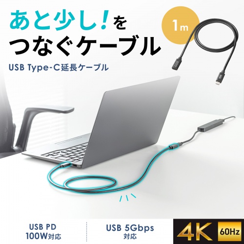 USB Type-C延長ケーブル 1m USB 5Gbps USB 100W対応