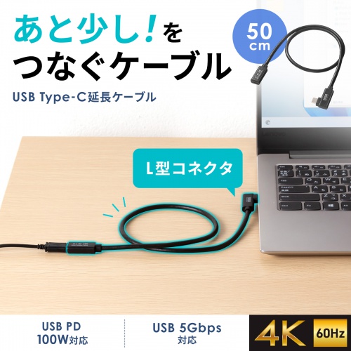USB Type-C延長ケーブル L字コネクタ 0.5m USB 5Gbps USB PD 100W ブラック