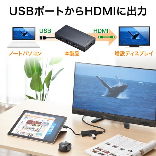 【アウトレット】USB-HDMI変換アダプタ(USB3.0ハブ付・ディスプレイ増設・デュアルモニタ・ディスプレイアダプタ)