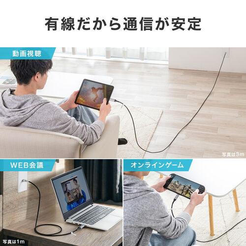 USB Type-C LAN変換ケーブル 2m カテゴリ6 1Gbps ギガビット スリム メッシュ MACアドレスパススルー対応
