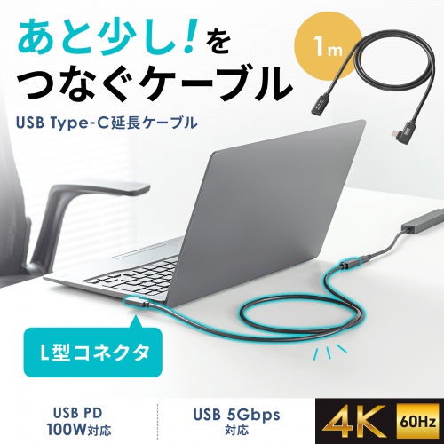 USB Type-C延長ケーブル L字コネクタ 1m USB 5Gbps USB PD 100W ブラック