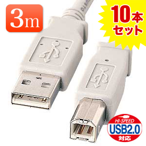 USBケーブル 3m (ライトグレー・USB2.0対応) 10本セット