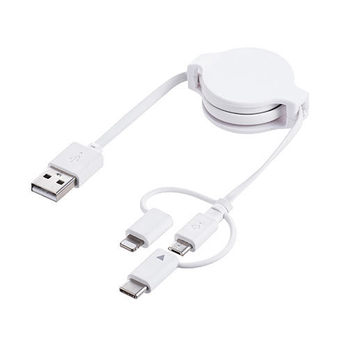 サンワダイレクト 3in1 充電ケーブル【MFi認証品】ライトニング/microUSB/Type-C 巻き取り 通信 ホワイト 500-IPLMM020K