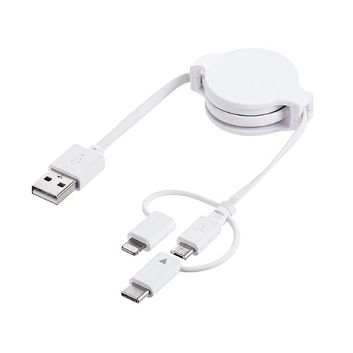 3in1 充電ケーブル ライトニング マイクロUSB USB Type-C巻取りケーブル(Lightning・microUSB・Type-C対応・MFi認証品・通信・3Way・ホワイト)