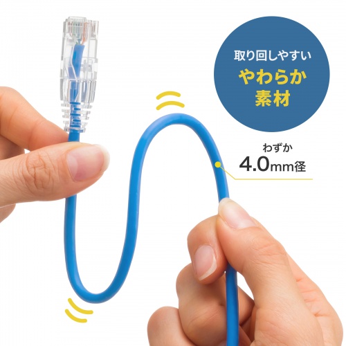 カテゴリ6A への字ラッチ 0.5m スリムケーブル ツメ折れ防止 やわらかLANケーブル 10Gbps より線 RJ45 ブルー