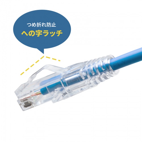 カテゴリ6A への字ラッチ 0.5m スリムケーブル ツメ折れ防止 やわらかLANケーブル 10Gbps より線 RJ45 ブルー