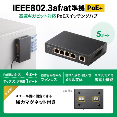 スイッチングハブ PoE給電 ギガビット メタル筐体 5ポート PoE+ マグネット付き 全ポート合計60W