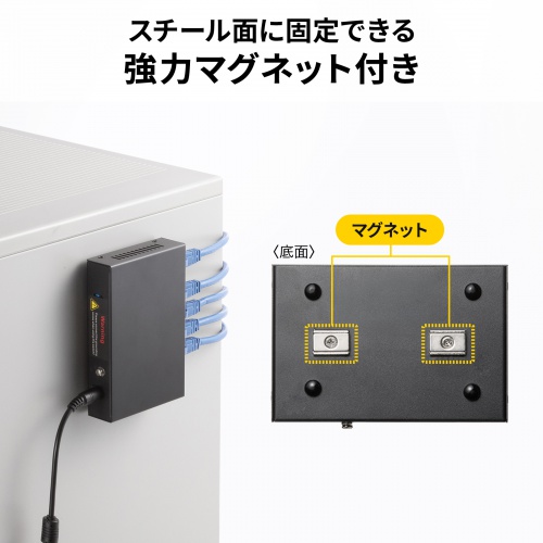 スイッチングハブ PoE給電 ギガビット メタル筐体 5ポート PoE+ マグネット付き 全ポート合計60W