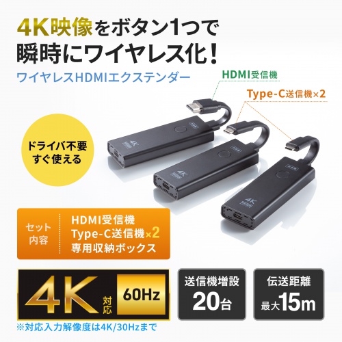 ワイヤレスHDMIエクステンダー 送受信機セット USB Type-C送信機2台 受信機1台 最大15m 収納ボックス付き