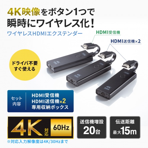 ワイヤレスHDMIエクステンダー 送受信機セット HDMI接続 送信機2台 最大15m 収納ボックス付属