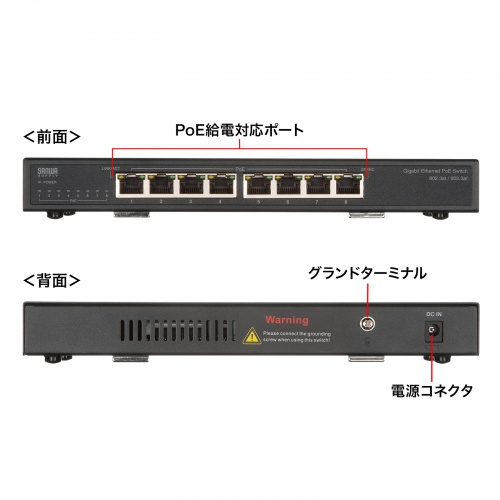 スイッチングハブ PoE給電 ギガビット メタル筐体 8ポート PoE+ IEEE 802.3af/at ファンレス 静音 マグネット付き 全ポート合計60W