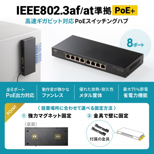 スイッチングハブ PoE給電 ギガビット メタル筐体 8ポート PoE+ IEEE 802.3af/at ファンレス 静音 マグネット付き 全ポート合計60W