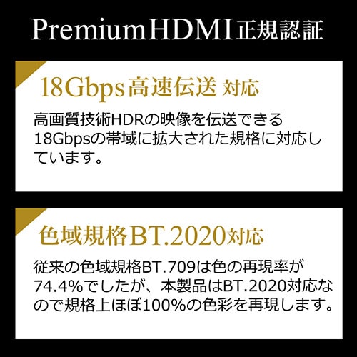 4K対応HDMIケーブル(プレミアムHDMIケーブル・Premium HDMI認証取得品・4K/60p・18Gbps・HDR対応・7.5m)