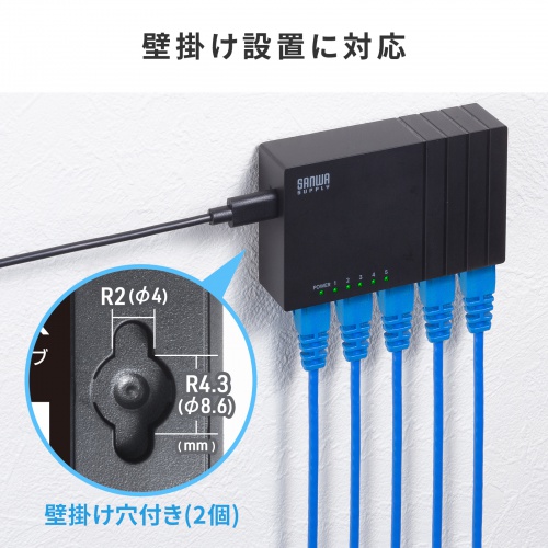 ギガビット スイッチングハブ 5ポート USB Type-C給電 ループ検知機能 AUTO-MDIX機能 静音ファンレス 壁掛け対応 樹脂筐体