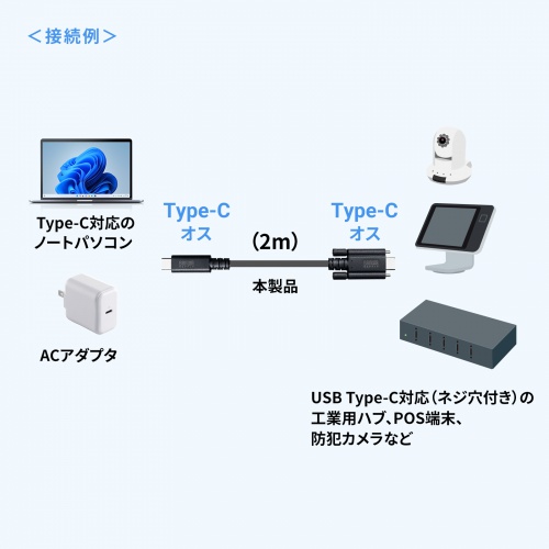 産業用 USB Type-Cケーブル 2m USB 20Gbps USB PD 240W対応 抜け止め