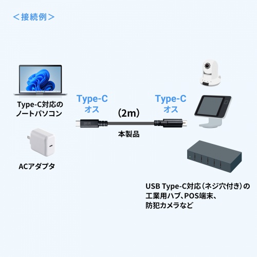 産業用 USB Type-Cケーブル 2m USB 20Gbps USB PD 240W対応 抜け止め シングルスクリューロック