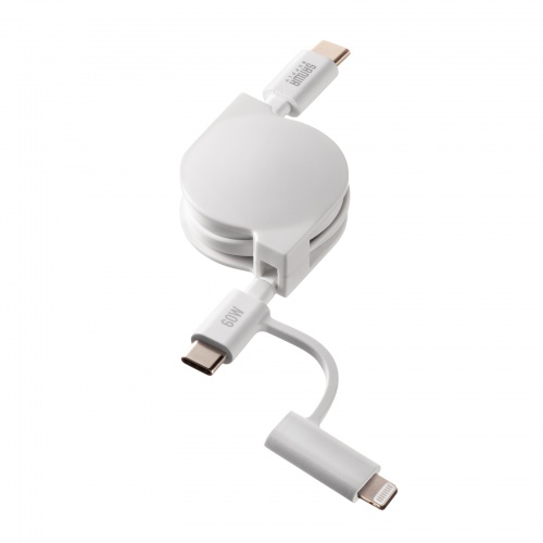 2in1 USBケーブル 巻き取り式 80cm USB2.0 Lightning USB-Cコネクタ MFi認証品 ホワイト