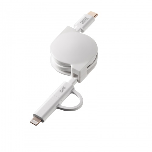 2in1 USBケーブル 巻き取り式 80cm USB2.0 Lightning USB-Cコネクタ MFi認証品 ホワイト