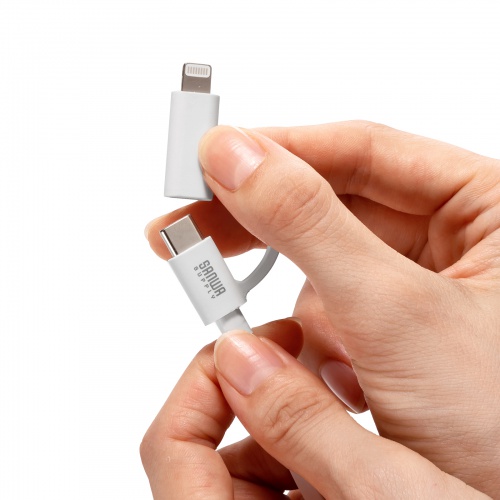 2in1 USBケーブル 巻き取り式 80cm USB2.0 Lightning USB-Cコネクタ MFi認証品 ホワイト