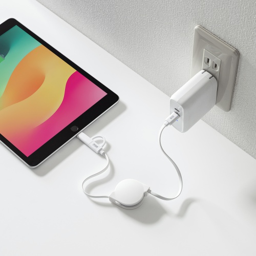 2in1 USBケーブル 巻き取り式 80cm USB2.0 Lightning USB-Cコネクタ MFi認証品 ホワイト