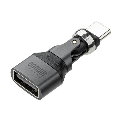 USB変換アダプタ 540°回転 L型コネクタ USB2.0 USB-Cオス USB Aメス ガンメタリック