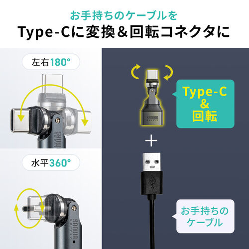 USB変換アダプタ 540°回転 L型コネクタ USB2.0 USB-Cオス USB Aメス ガンメタリック