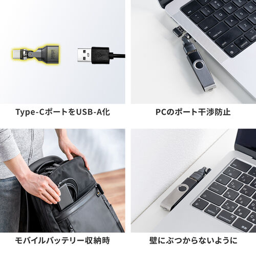 USB変換アダプタ 540°回転 L型コネクタ USB2.0 USB-Cオス USB Aメス ガンメタリック
