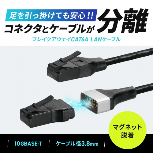カテゴリ6A ブレイクアウェイ LANケーブル 片側マグネットコネクタ スリム 3m