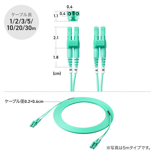 光ファイバーケーブル OM3 10GBASE-SR/SW規格 10Gbps マルチモード LC×2-LC×2 メガネ型 2芯 ショートブーツ デュプレックス 50μm 1m