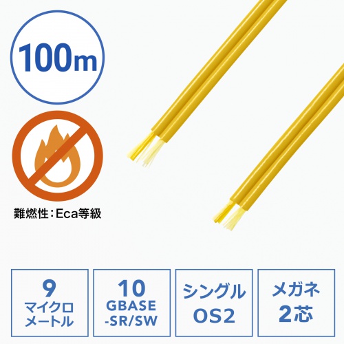 光ファイバケーブル メガネ型 2芯 ケーブルのみ シングルモード 9μm 10ギガ 100m