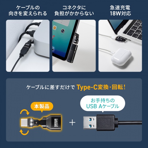 USB A to C 変換アダプタ 540°回転 上下左右 全方向対応 L字 L型 コネクタ USB2.0 Type-Cオス-USB Aメス 方向変換 ブラック