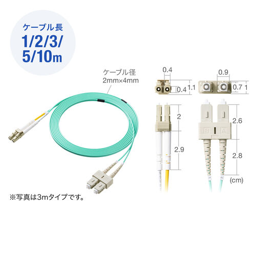 光ファイバケーブル 1m OM3 10GBASE-SR/SW規格 10Gbps マルチモード LC×2-SC×2 メガネ型 2芯 50μm