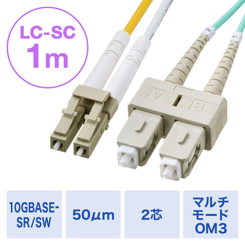 光ファイバケーブル 1m OM3 10GBASE-SR/SW規格 10Gbps マルチモード LC×2-SC×2 メガネ型 2芯 50μm