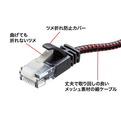 【アウトレット】つめ折れ防止カテゴリ6A細径メッシュLANケーブル(ブラック&レッド・10m)