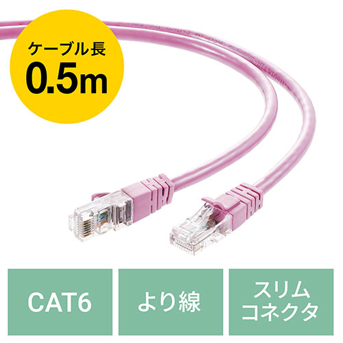 在庫限り】LANケーブル CAT6 より線 ストレート 50cm ピンク/YK