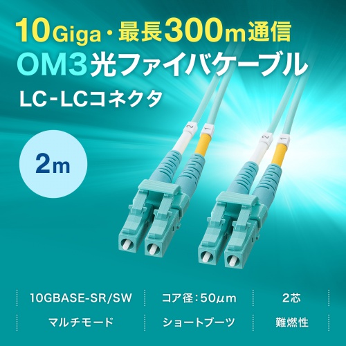 光ファイバケーブル 2m OM3 10GBASE-SR/SW規格 10Gbps マルチモード LC×2-LC×2 メガネ型 2芯 50μm ショートブーツ