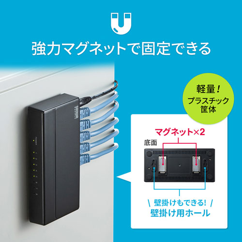 Giga対応 スイッチングハブ 8ポート プラスチック筐体 ACアダプタ電源 固定用マグネット ループ検知機能つき