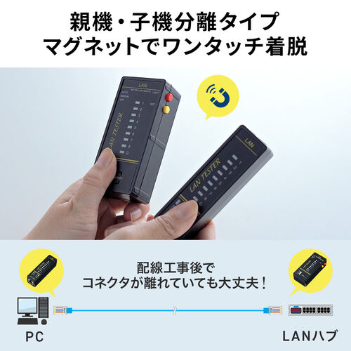 【アウトレット】LANテスター PoEチェッカー機能 RJ-45 RJ-11 親機・子機脱着可 LED表示 LEDライト内蔵