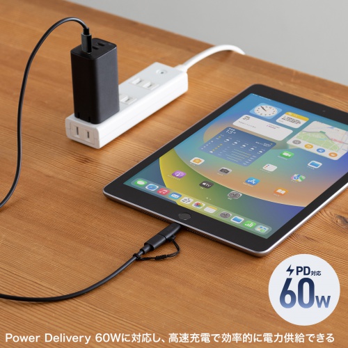 USB Type-C Lightning変換アダプタ PD60W USB2.0 MFi認証品 ストラップ付き ブラック