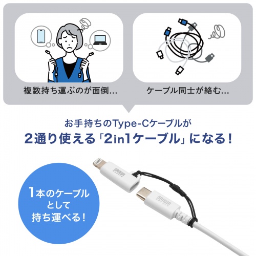 USB Type-C Lightning変換アダプタ PD60W USB2.0 MFi認証品 ストラップ付き ホワイト
