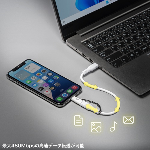 USB Type-C Lightning変換アダプタ PD60W USB2.0 MFi認証品 ストラップ付き ホワイト