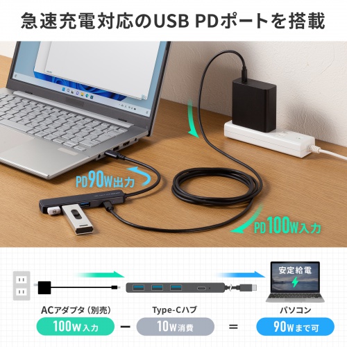 USB Type-C ハブ 4ポート USB A×3 Type-C×1 PD100W対応 最大90W給電 USB 5Gbps 薄型 コンパクト ケーブル一体型 ブラック